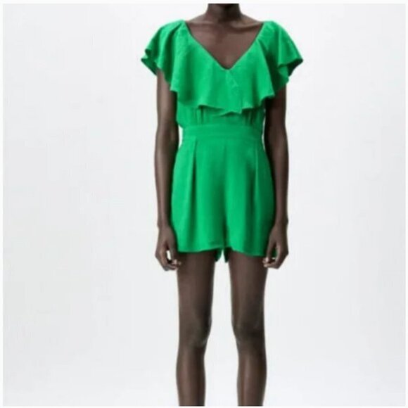 ZARA Green Linen / Viscose Ruffle Elastic High Waist Playsuit / Romper Size M - Picture 9 of 10